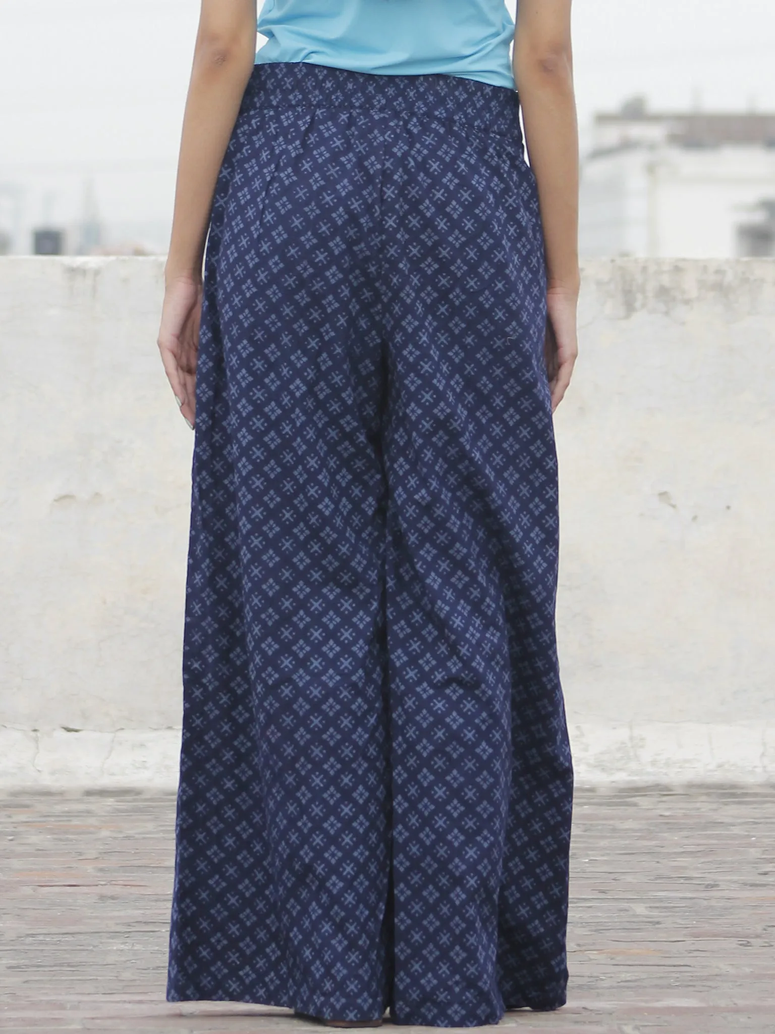 Indigo Blue Hand Block Printed Semi Elasticated Waist Pleated Cotton Palazzo - P11F698