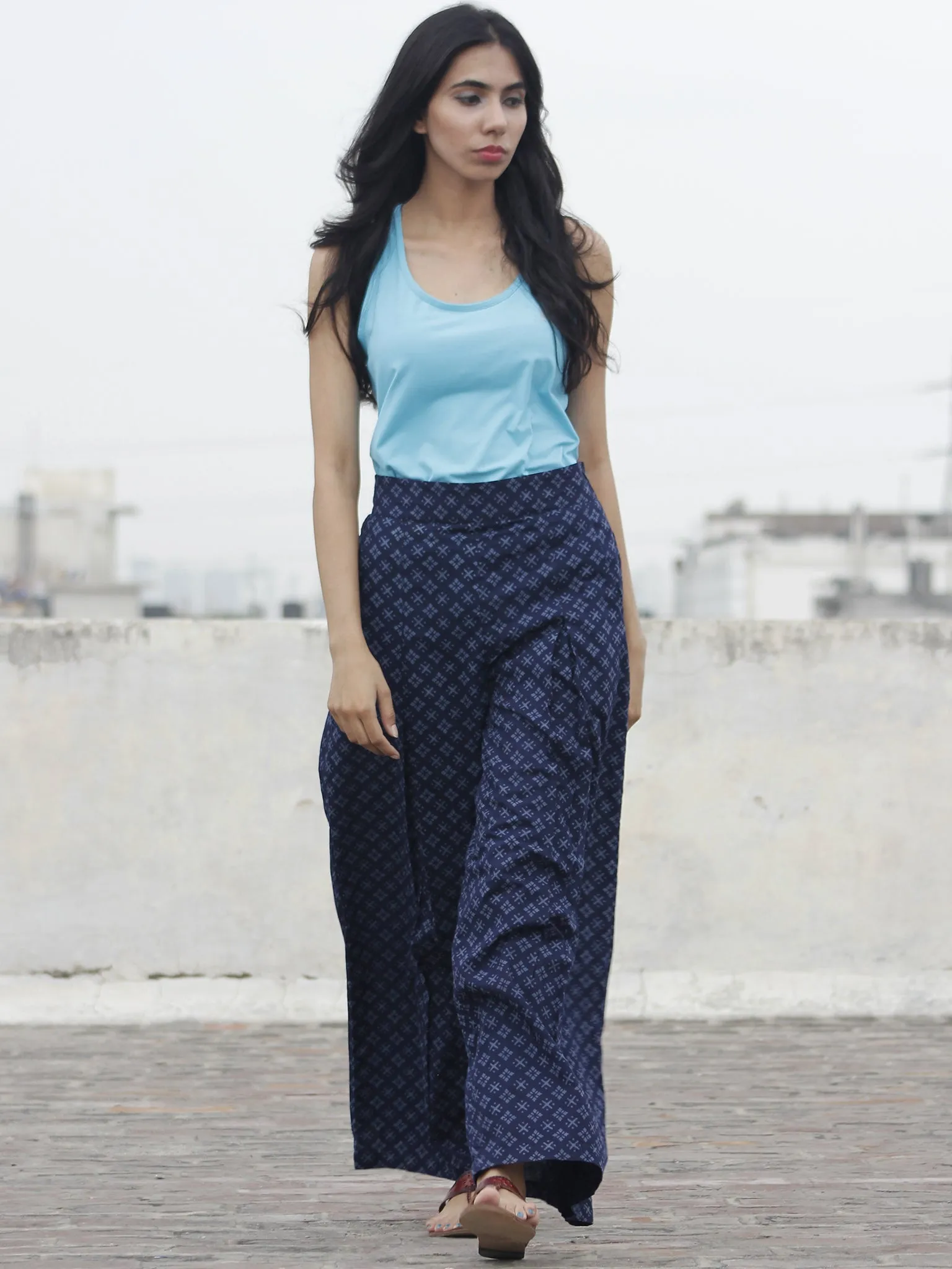 Indigo Blue Hand Block Printed Semi Elasticated Waist Pleated Cotton Palazzo - P11F698