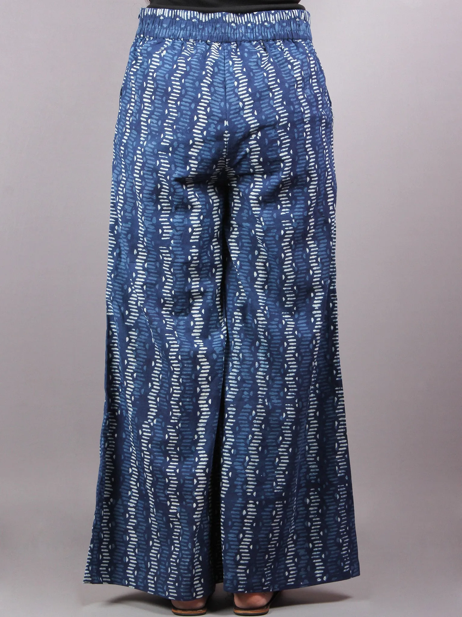 Indigo Hand Block Printed Elasticated Waist Pleated Cotton Palazzo - P1117082