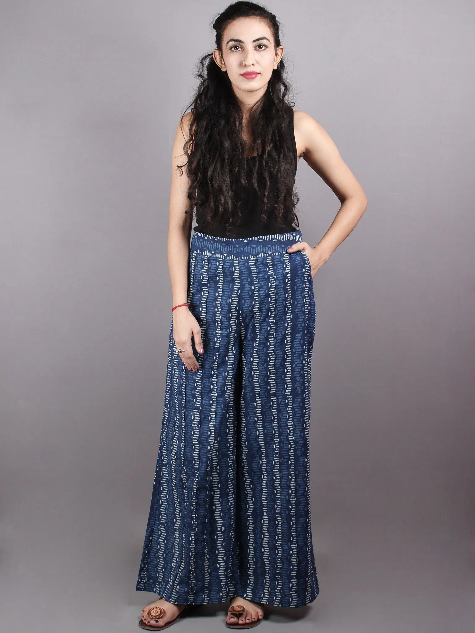 Indigo Hand Block Printed Elasticated Waist Pleated Cotton Palazzo - P1117082