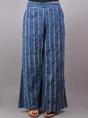 Indigo Hand Block Printed Elasticated Waist Pleated Cotton Palazzo - P1117082