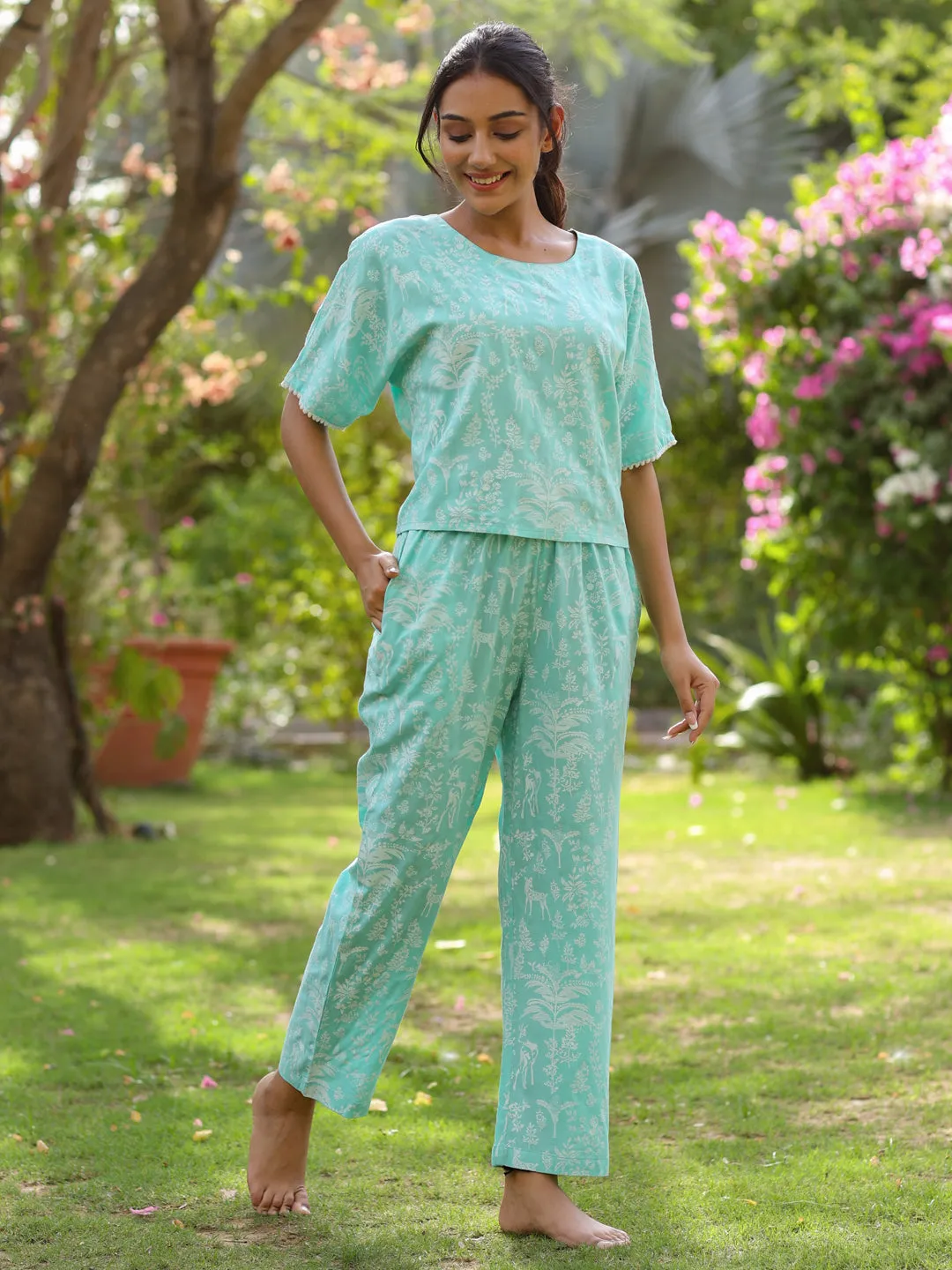 Jaipur Kurti Women Light Blue Rayon Slub Quirky Printed Night Suit.