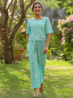 Jaipur Kurti Women Light Blue Rayon Slub Quirky Printed Night Suit.