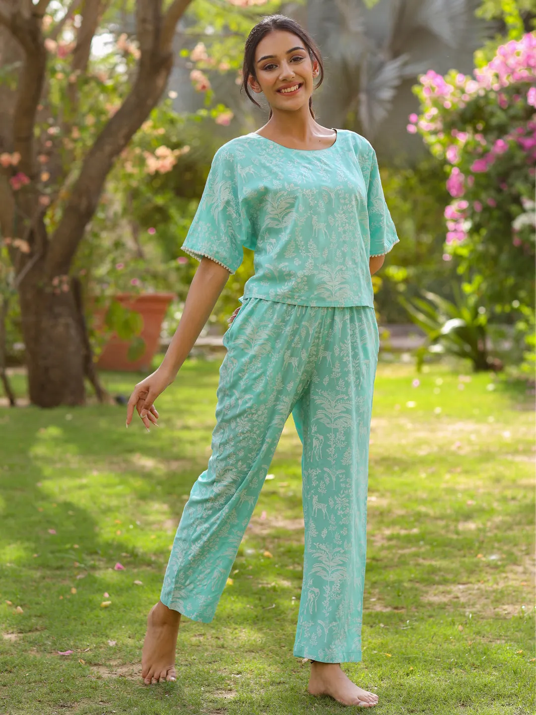 Jaipur Kurti Women Light Blue Rayon Slub Quirky Printed Night Suit.