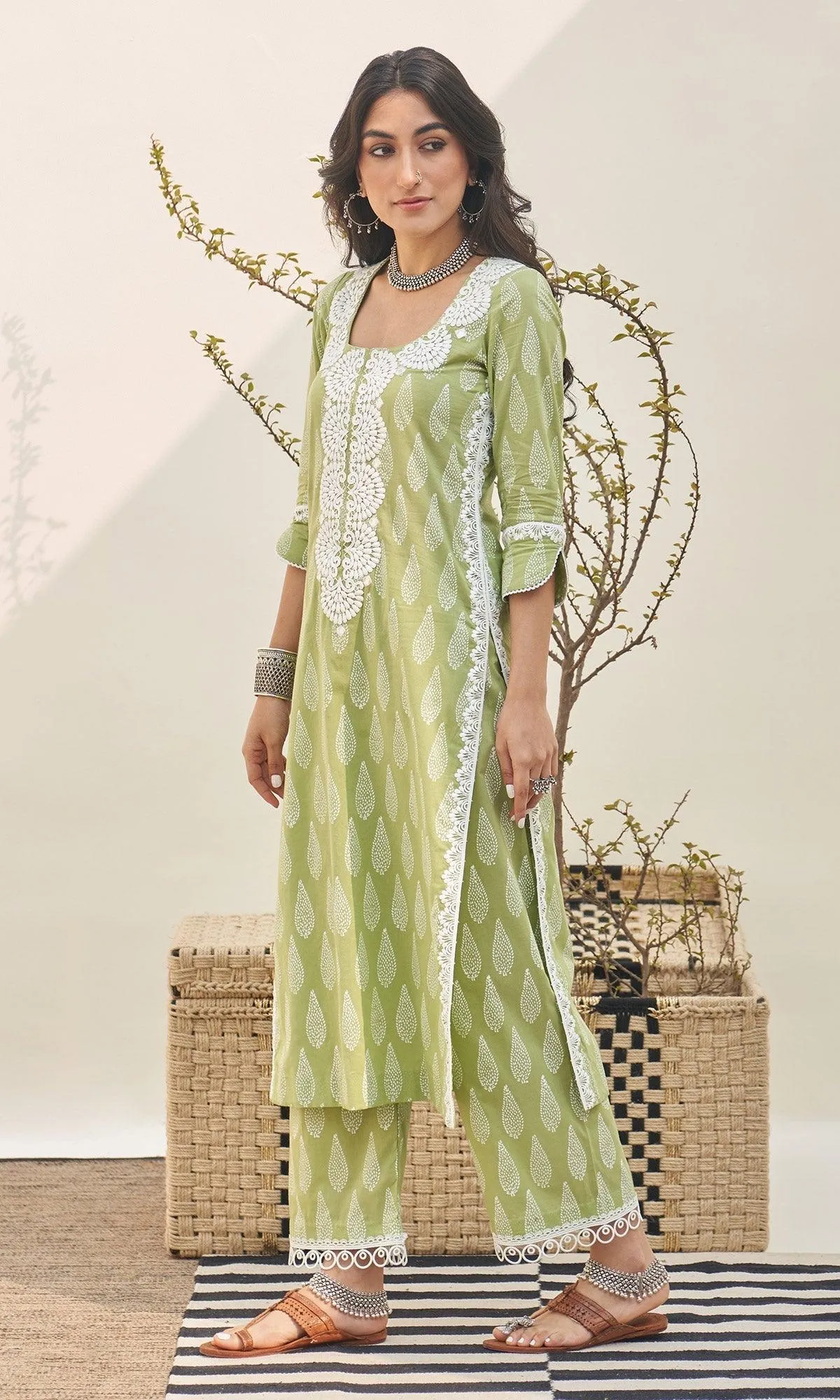 Jannat 2.0 Pista Green Block Printed Straight Kurta Set - Set Of 3 RTS