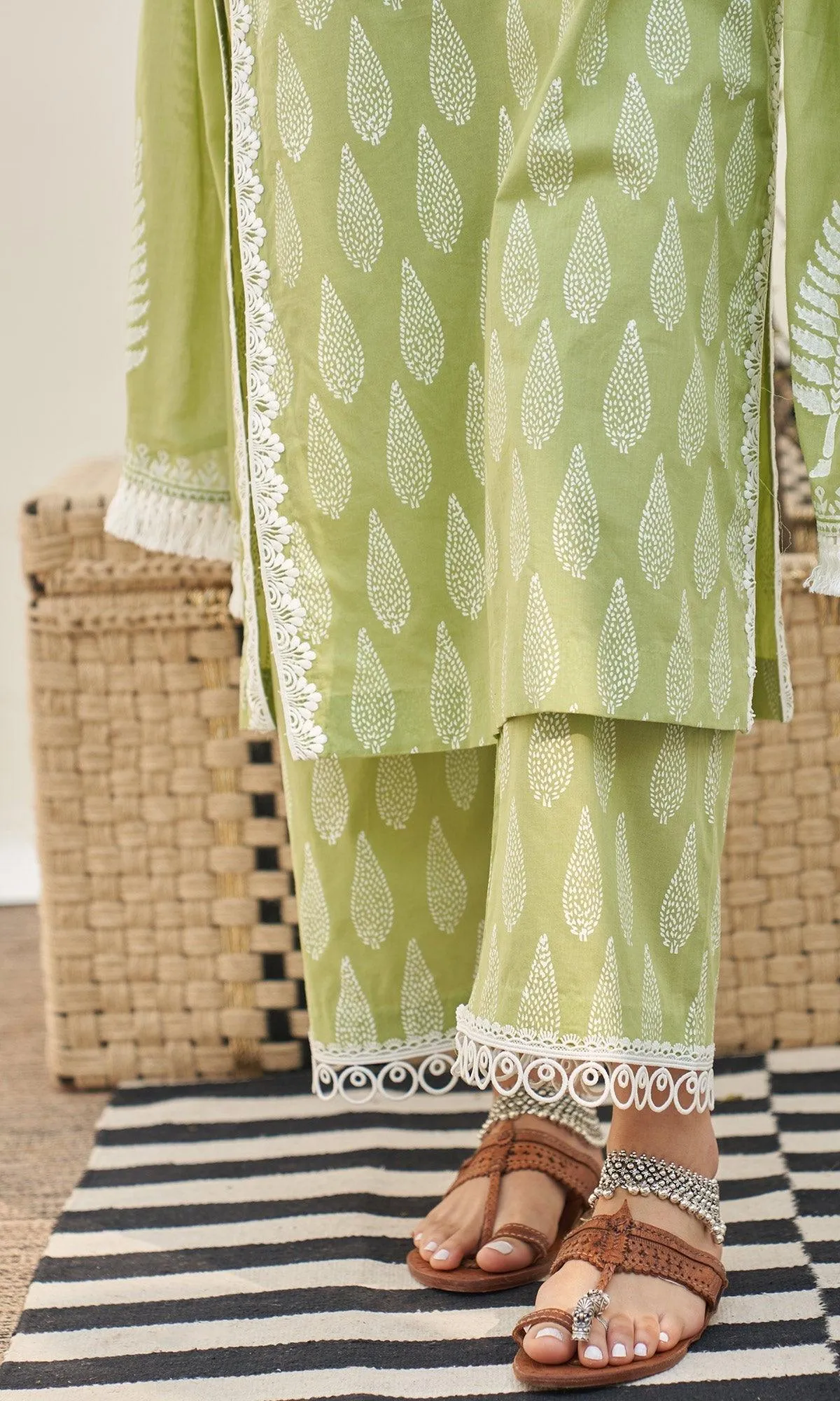 Jannat 2.0 Pista Green Block Printed Straight Kurta Set - Set Of 3 RTS