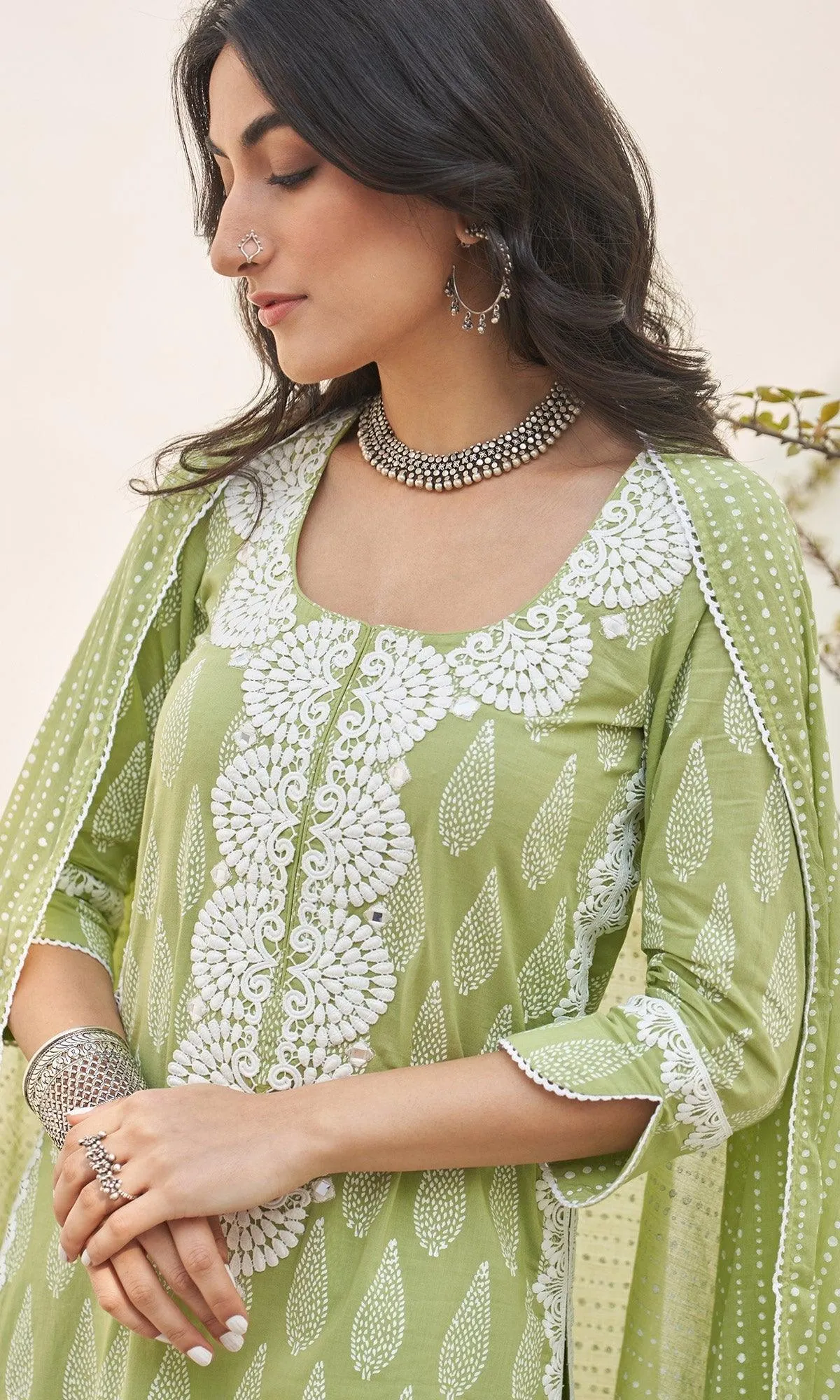 Jannat 2.0 Pista Green Block Printed Straight Kurta Set - Set Of 3 RTS