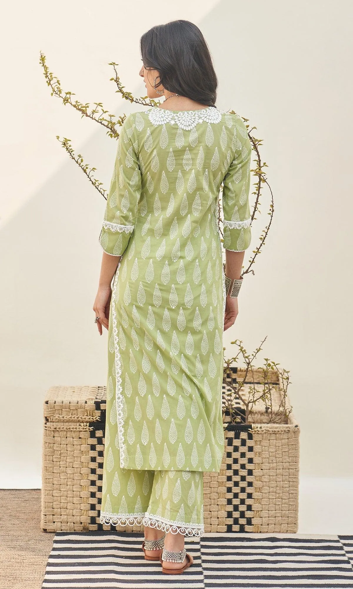 Jannat 2.0 Pista Green Block Printed Straight Kurta Set - Set Of 3 RTS