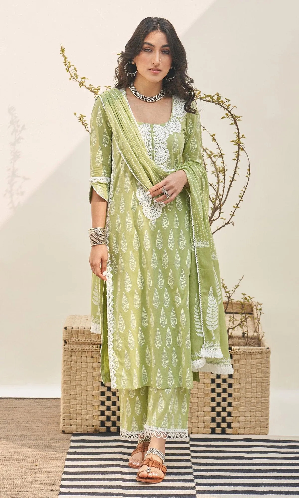 Jannat 2.0 Pista Green Block Printed Straight Kurta Set - Set Of 3 RTS