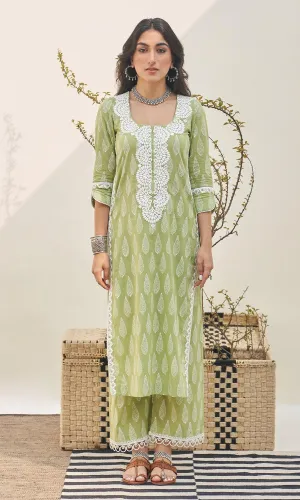 Jannat 2.0 Pista Green Block Printed Straight Kurta Set - Set Of 3 RTS