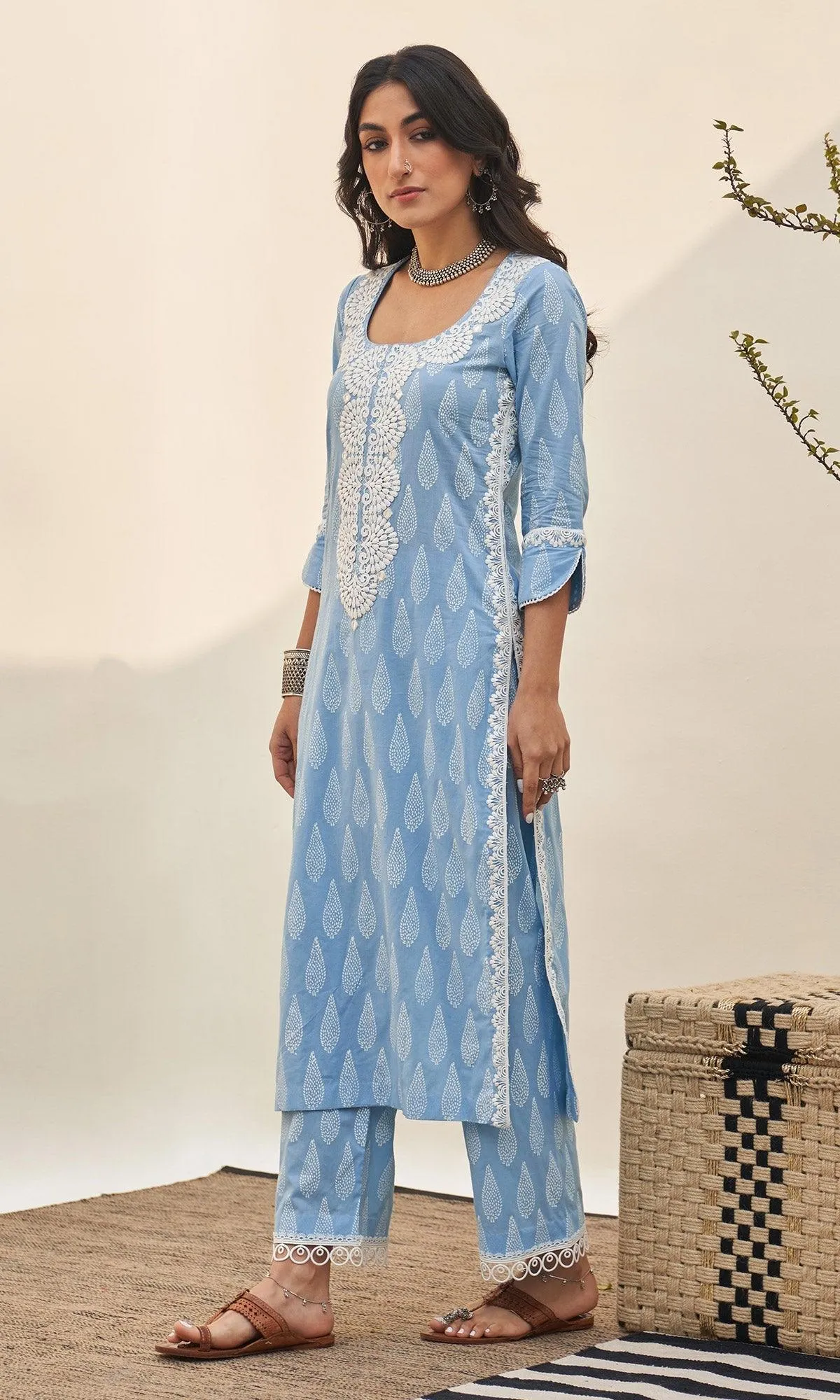 Jannat 2.0 Powder Blue Block Printed Straight Kurta Set - Set Of 3 RTS