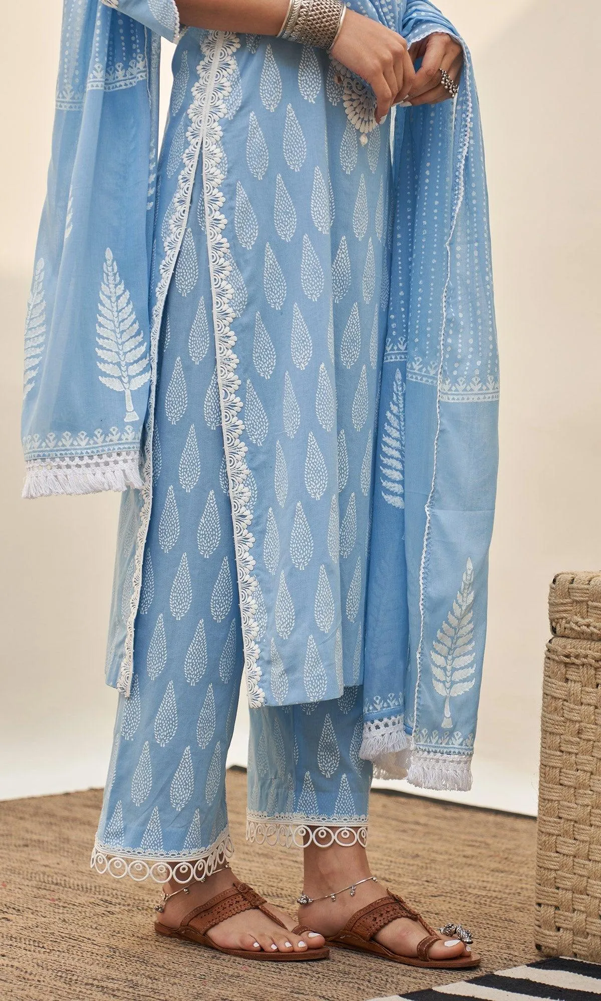 Jannat 2.0 Powder Blue Block Printed Straight Kurta Set - Set Of 3 RTS