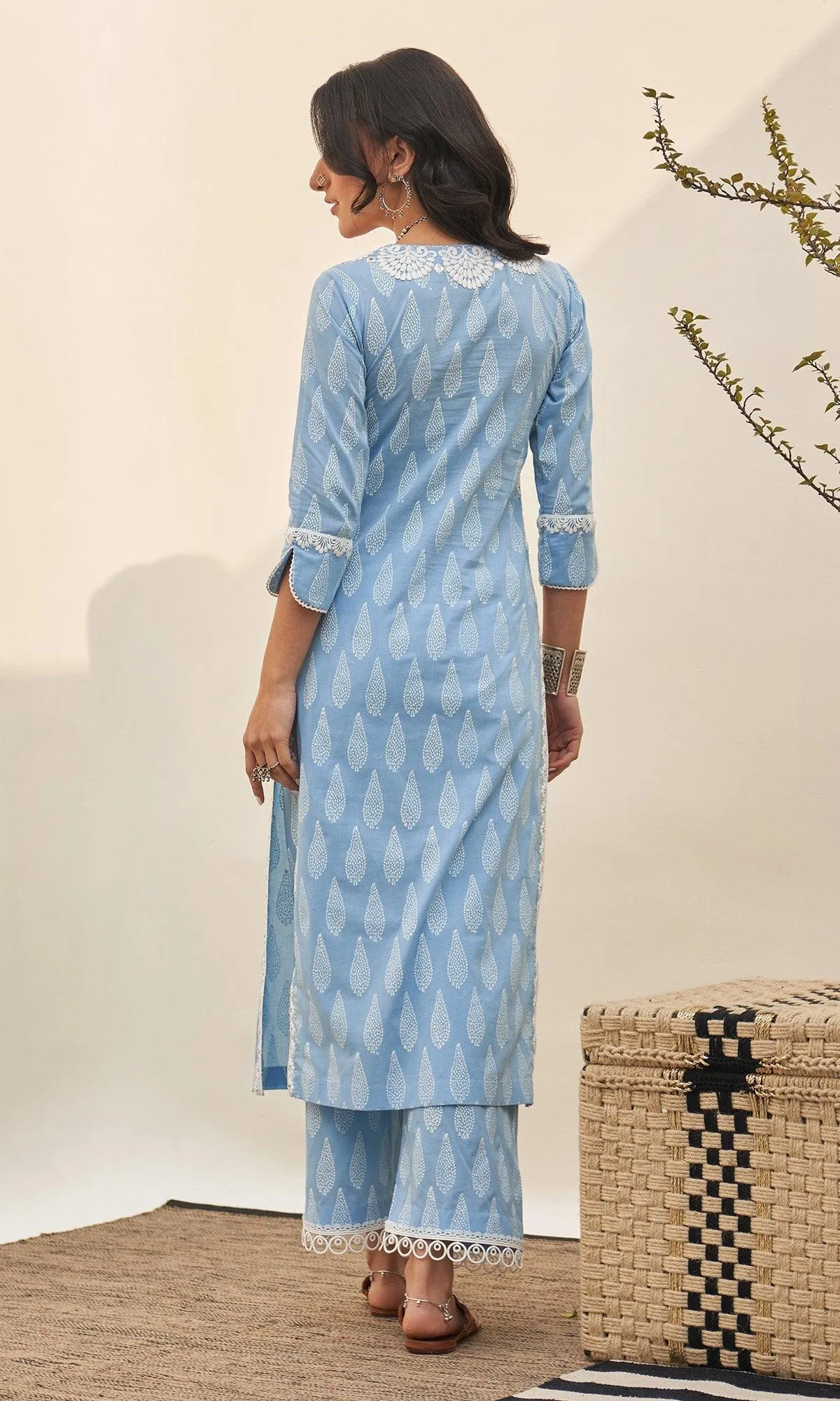 Jannat 2.0 Powder Blue Block Printed Straight Kurta Set - Set Of 3 RTS