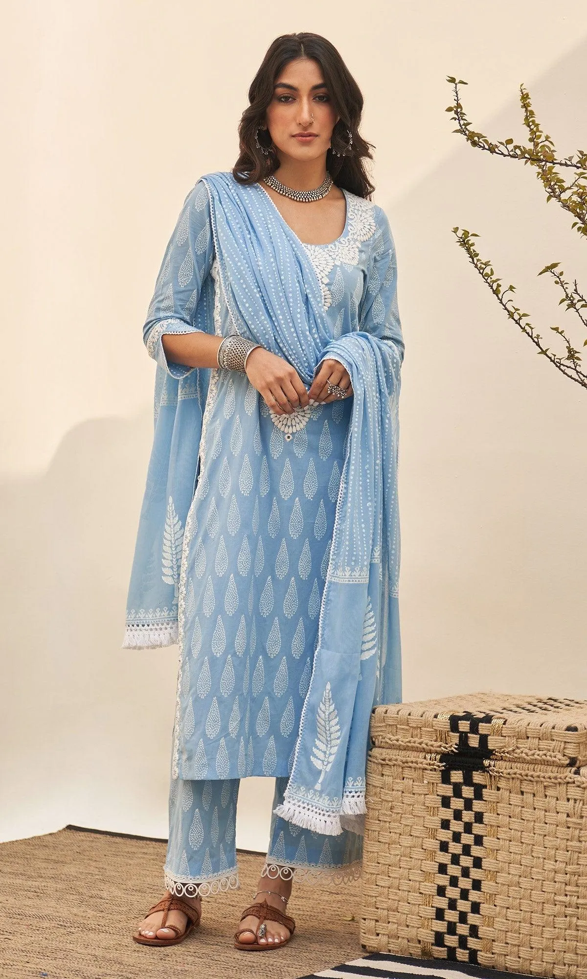 Jannat 2.0 Powder Blue Block Printed Straight Kurta Set - Set Of 3 RTS