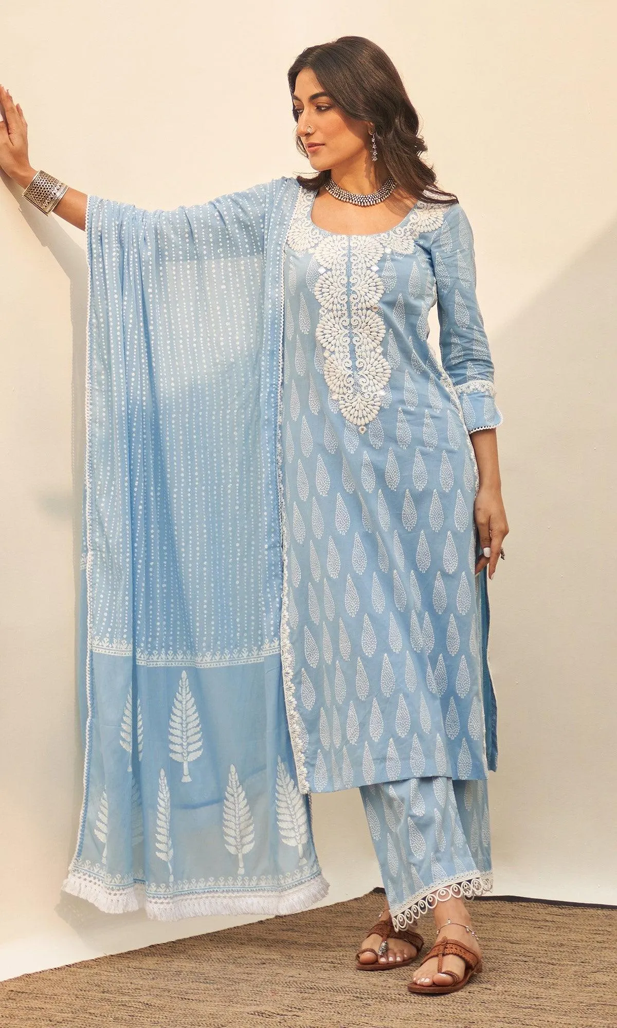 Jannat 2.0 Powder Blue Block Printed Straight Kurta Set - Set Of 3 RTS