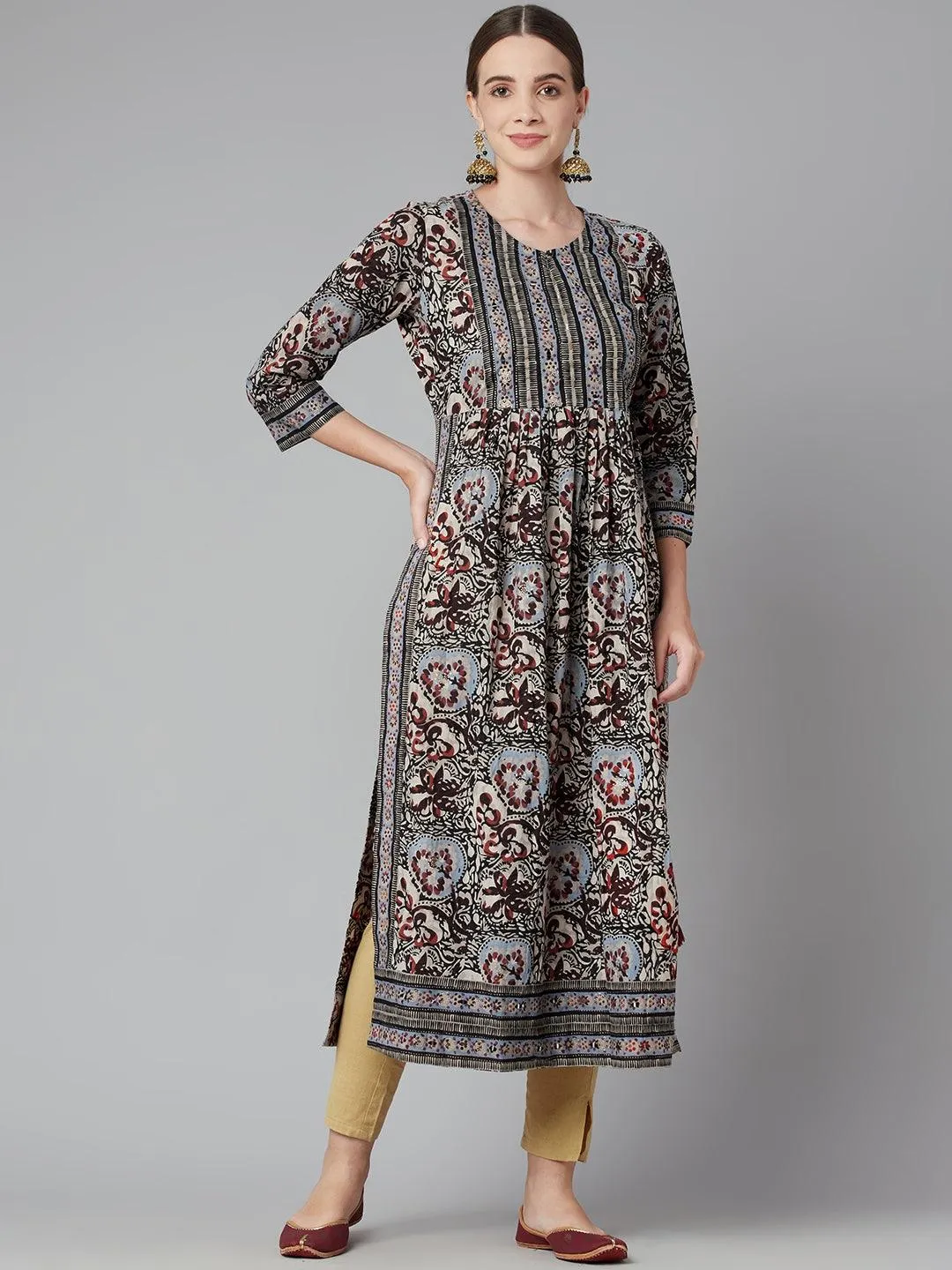 Jashvi Grey Cotton Gathered Kurta With Side Slits.