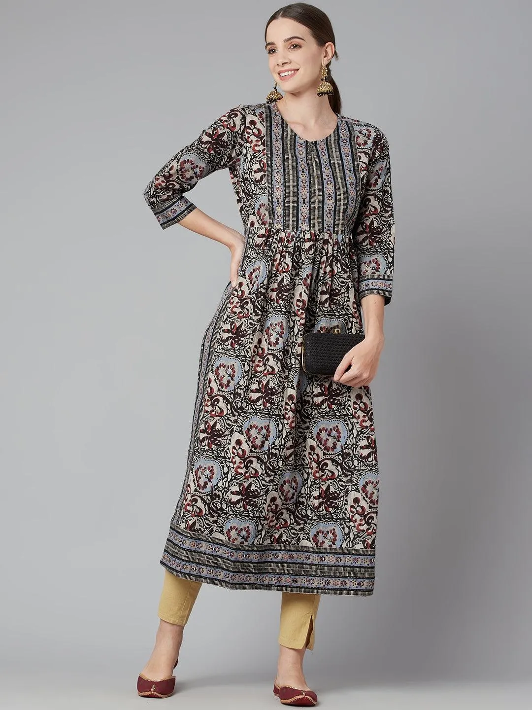 Jashvi Grey Cotton Gathered Kurta With Side Slits.