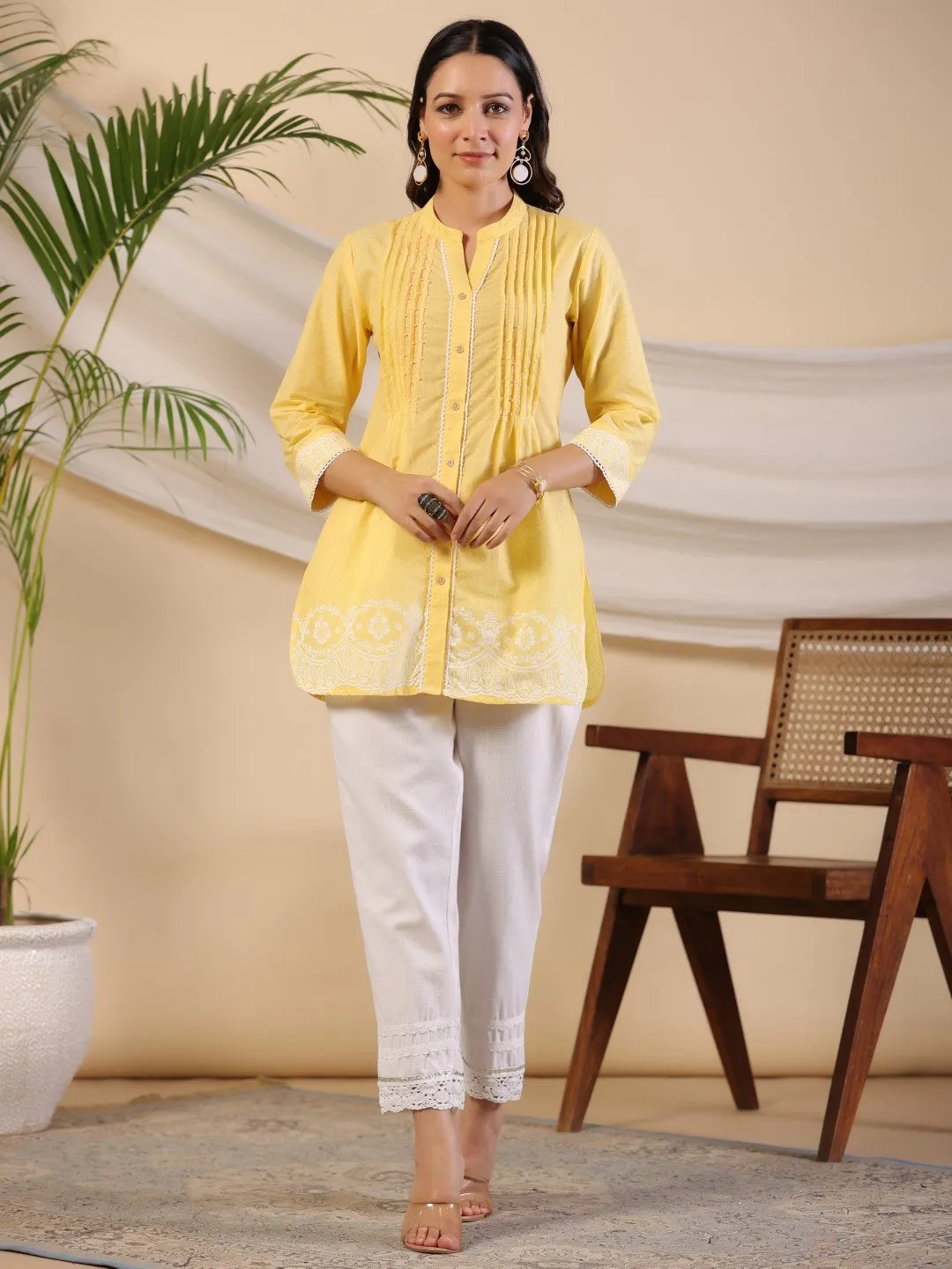 Jashvi Yellow Ethnic Motif Printed Pure Cotton Tunic With Lace Work