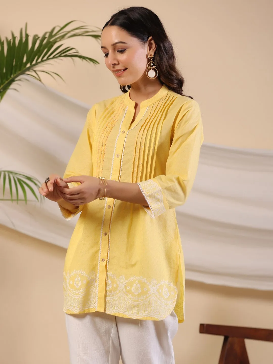 Jashvi Yellow Ethnic Motif Printed Pure Cotton Tunic With Lace Work