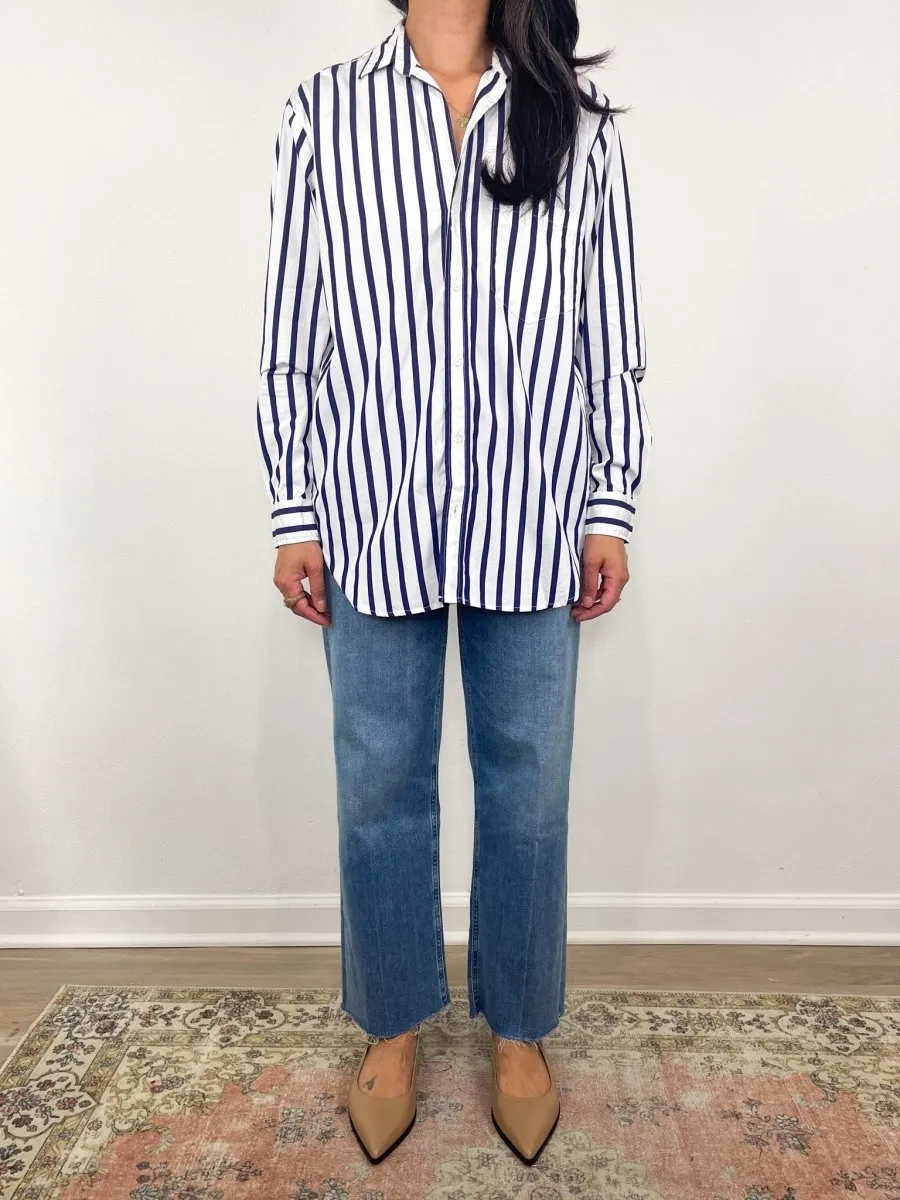 Joedy Boyfriend Button-Up Shirt in Wide Navy Stripe