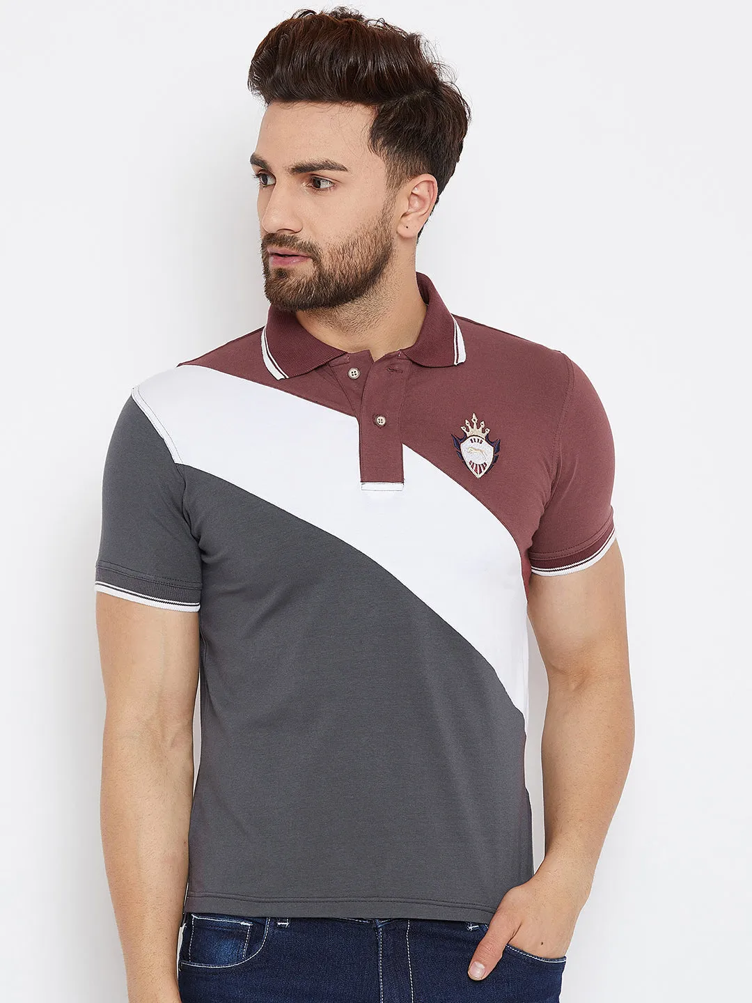 JUMP USA Men Grey & Maroon Colourblocked Polo Collar T-Shirt