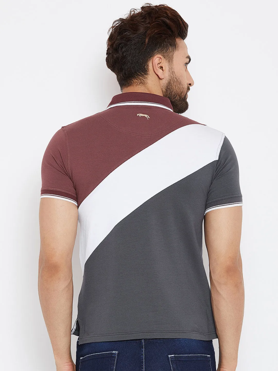 JUMP USA Men Grey & Maroon Colourblocked Polo Collar T-Shirt