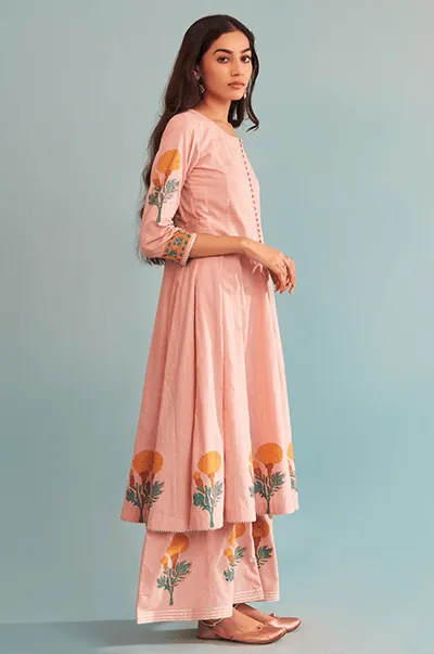 Just Cottons Pink block printed marigold kali kurta with kali palazzo and dupatta