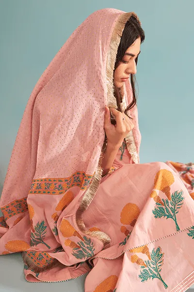 Just Cottons Pink block printed marigold kali kurta with kali palazzo and dupatta