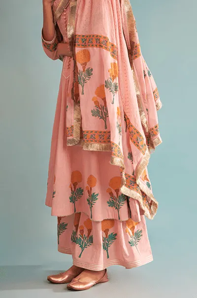 Just Cottons Pink block printed marigold kali kurta with kali palazzo and dupatta