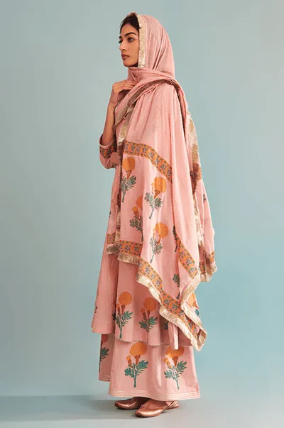 Just Cottons Pink block printed marigold kali kurta with kali palazzo and dupatta