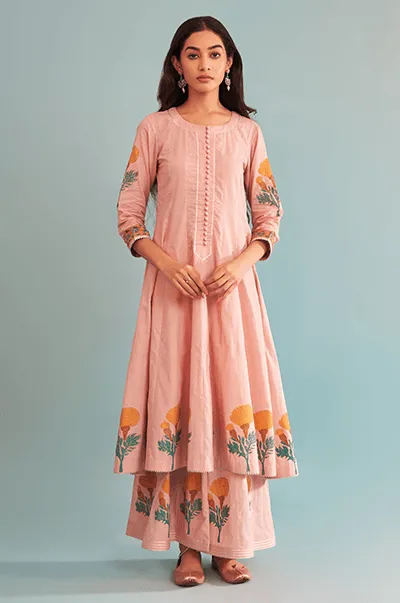 Just Cottons Pink block printed marigold kali kurta with kali palazzo and dupatta