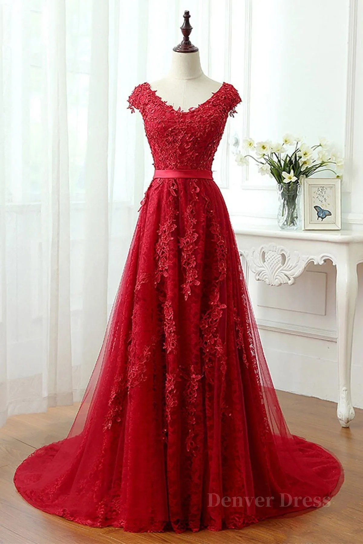 kamahe Burgundy Lace Prom Dresses with Train, Wine Red Lace Formal Evening Dresses