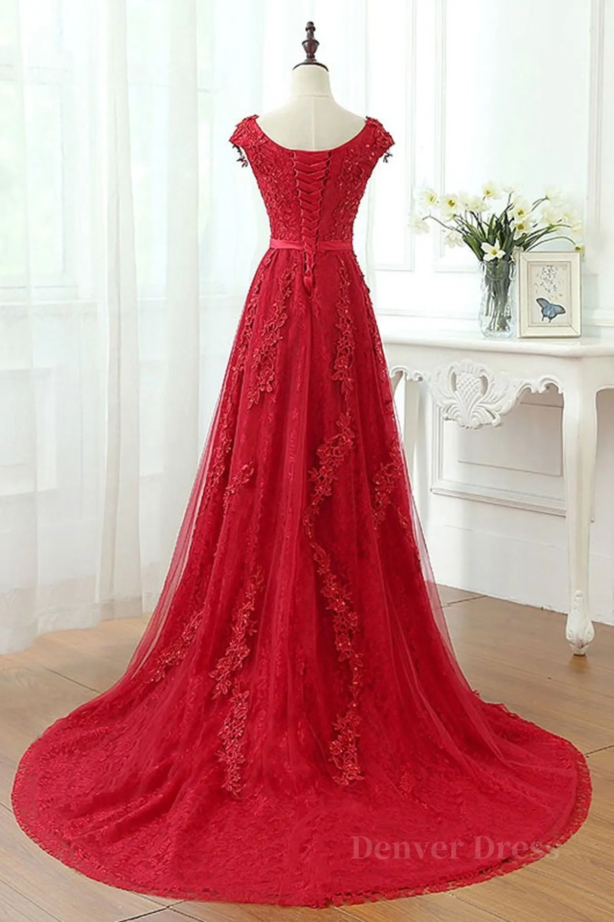 kamahe Burgundy Lace Prom Dresses with Train, Wine Red Lace Formal Evening Dresses