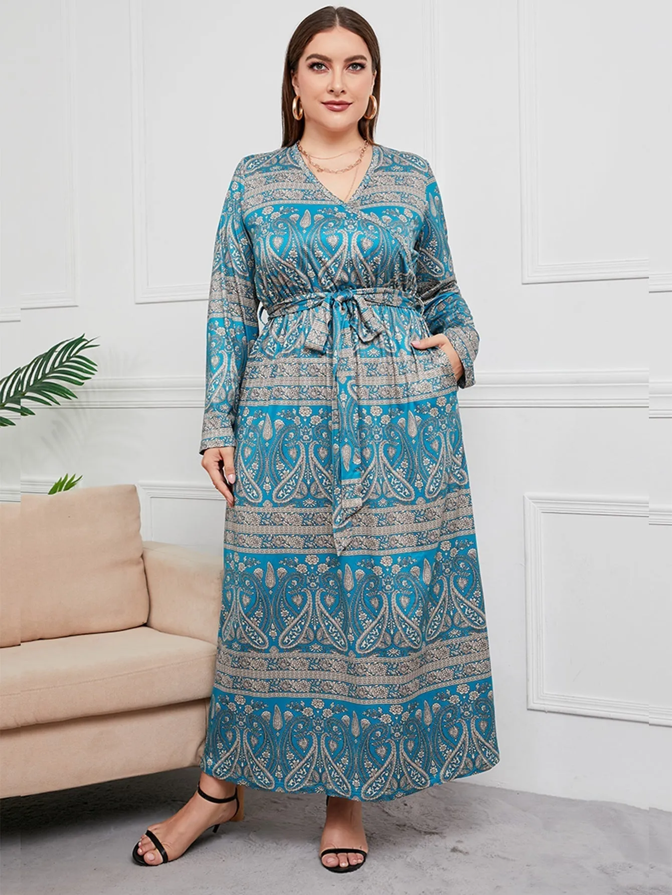 KittenAlarm - Plus Size Boho Print Self Waist Tie Maxi Dress