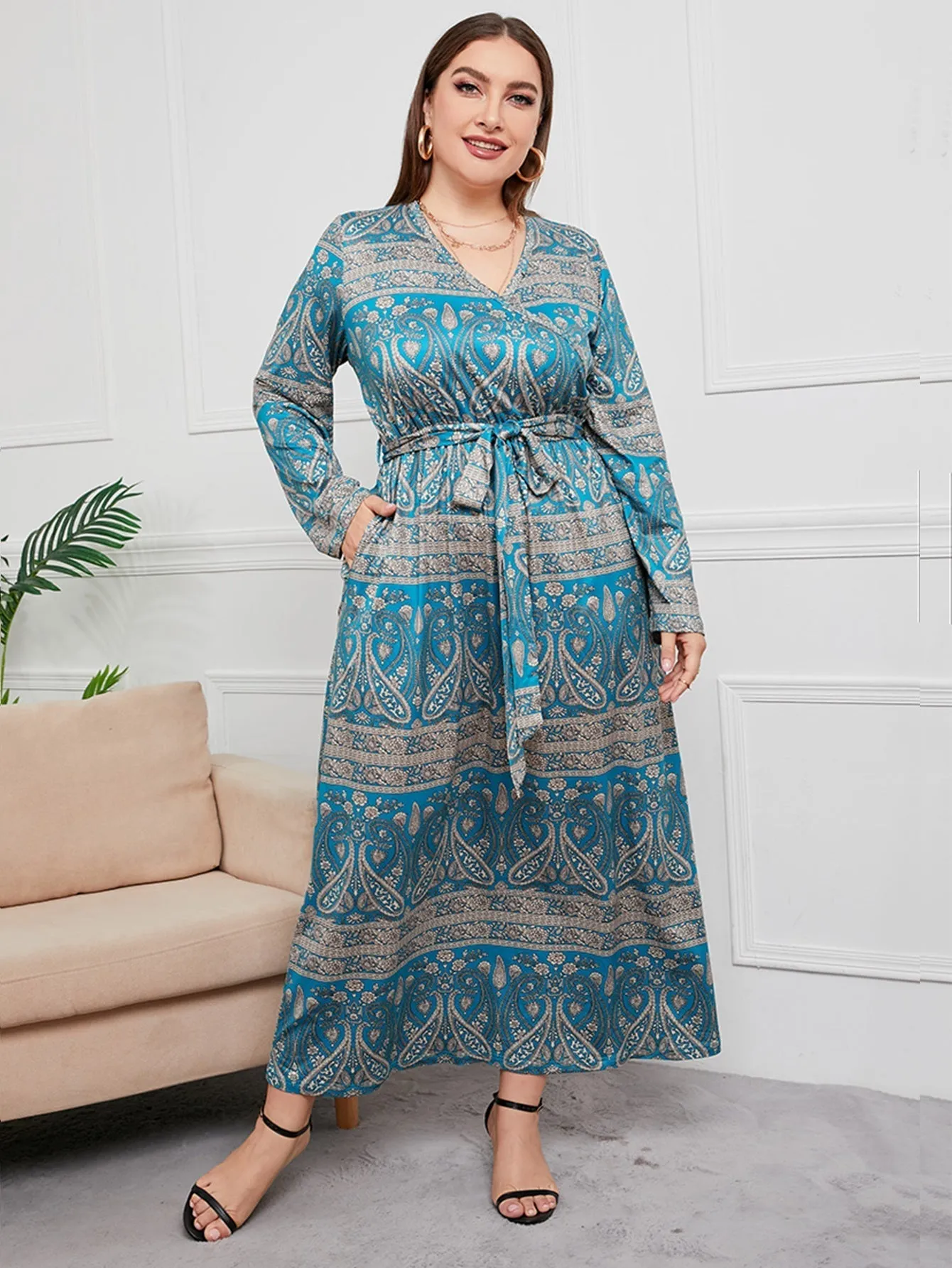 KittenAlarm - Plus Size Boho Print Self Waist Tie Maxi Dress