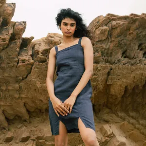 Linen Short Dress for Women | Navy Blue | Strappy