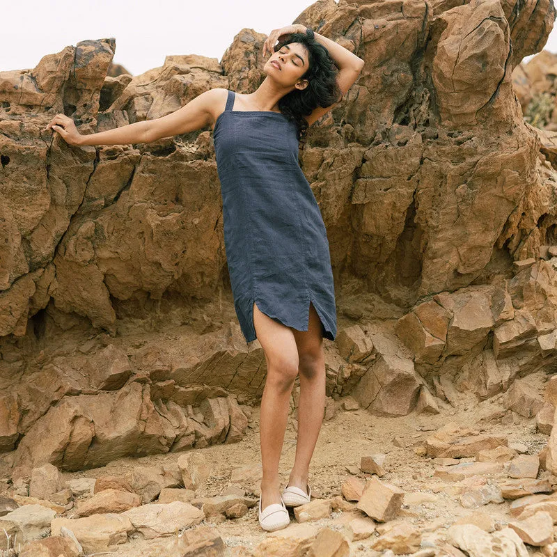 Linen Short Dress for Women | Navy Blue | Strappy