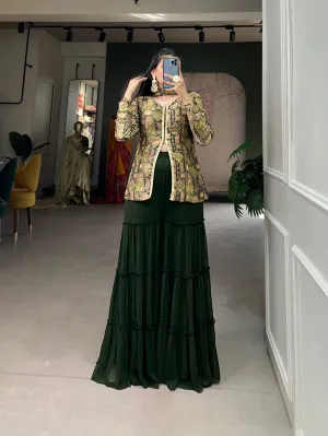 Mehendi Green Viscose Jacquard Kurta Palazzo Set with Weaving Work and Printed Detailing