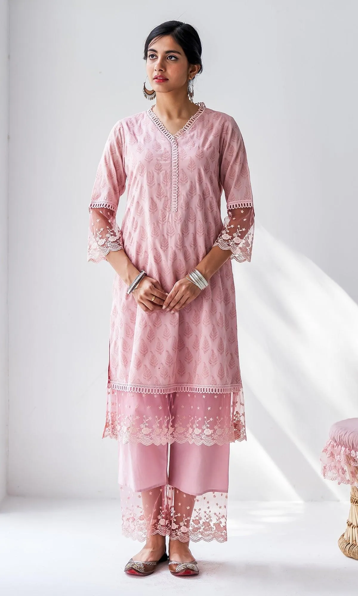 Mehrooz Dusty Pink Block Printed Kurta with Palazzo and Dupatta - Set of 3