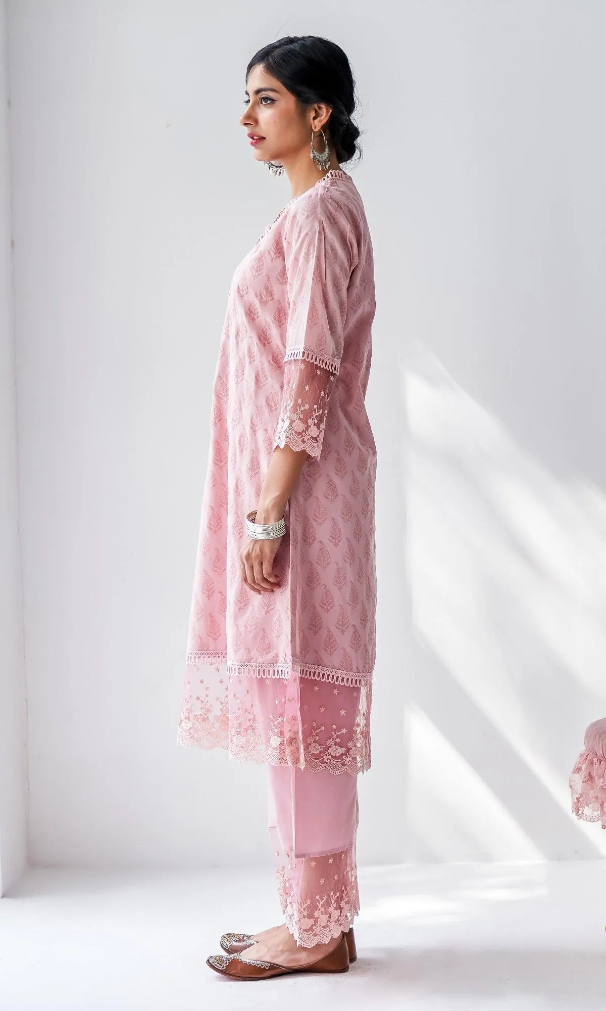 Mehrooz Dusty Pink Block Printed Kurta with Palazzo and Dupatta - Set of 3