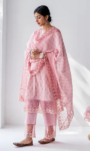 Mehrooz Dusty Pink Block Printed Kurta with Palazzo and Dupatta - Set of 3