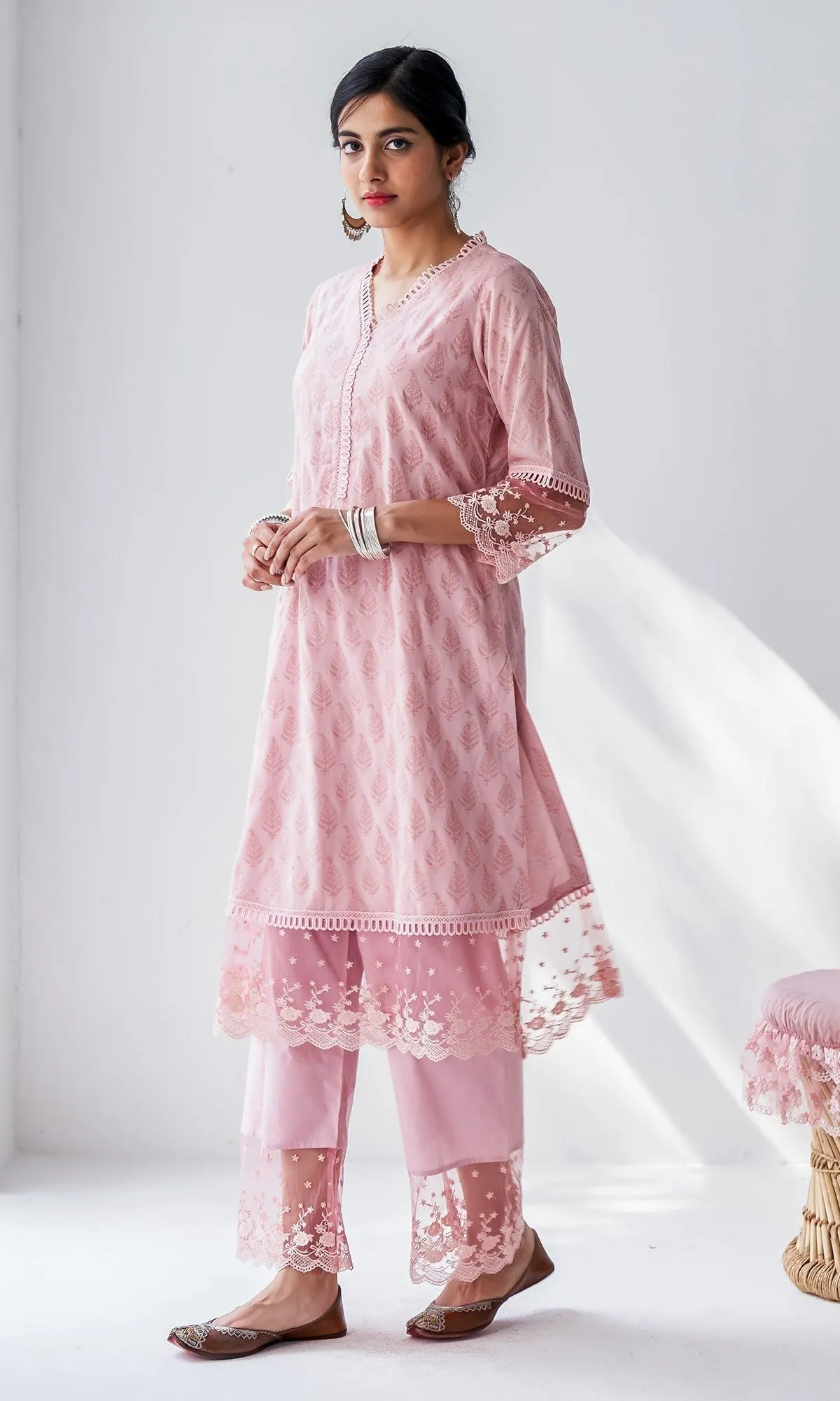 Mehrooz Dusty Pink Block Printed Kurta with Palazzo and Dupatta - Set of 3