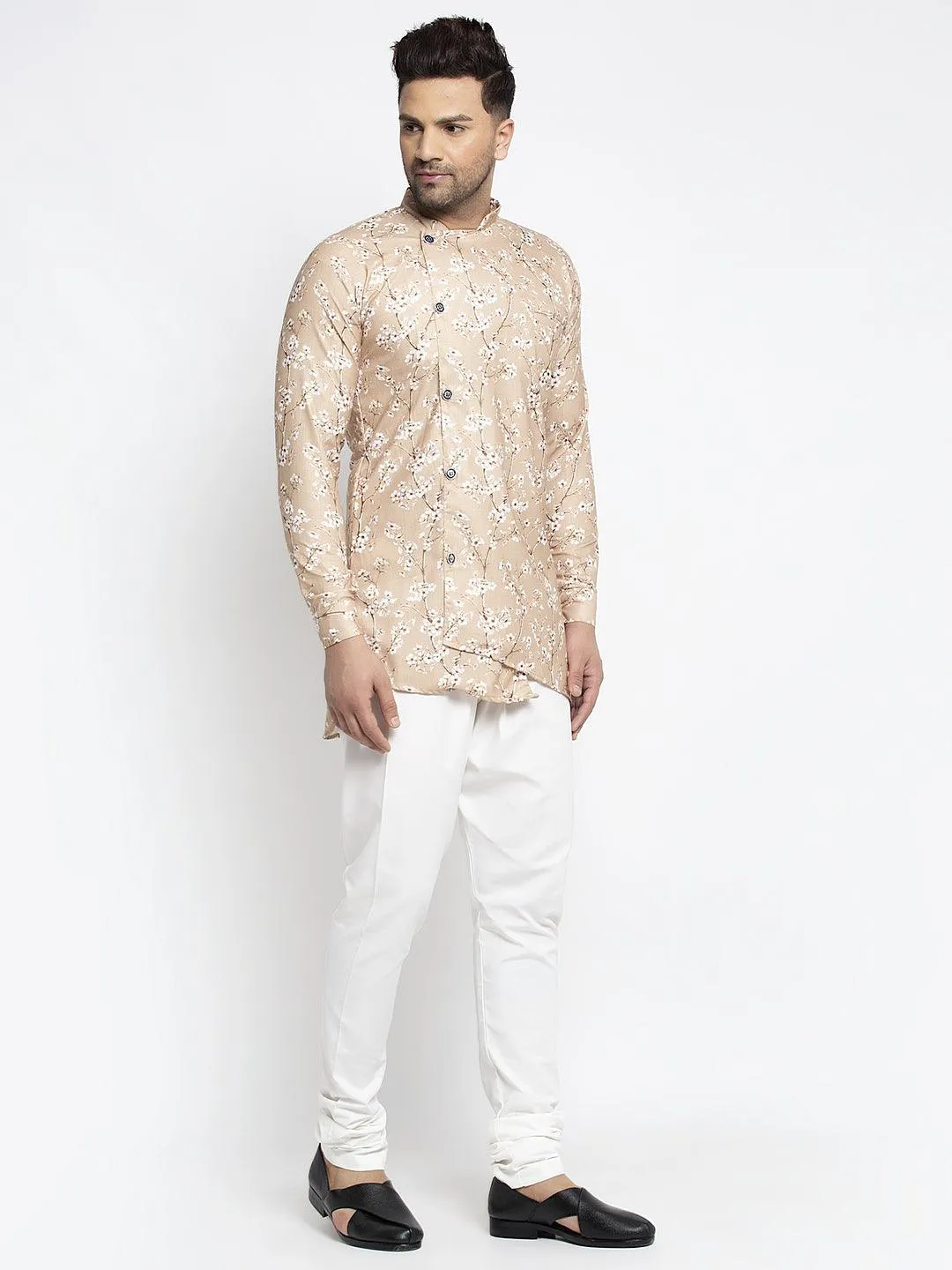 Men's Brown & White Printed Short Kurta With White Pyjama - Benstoke