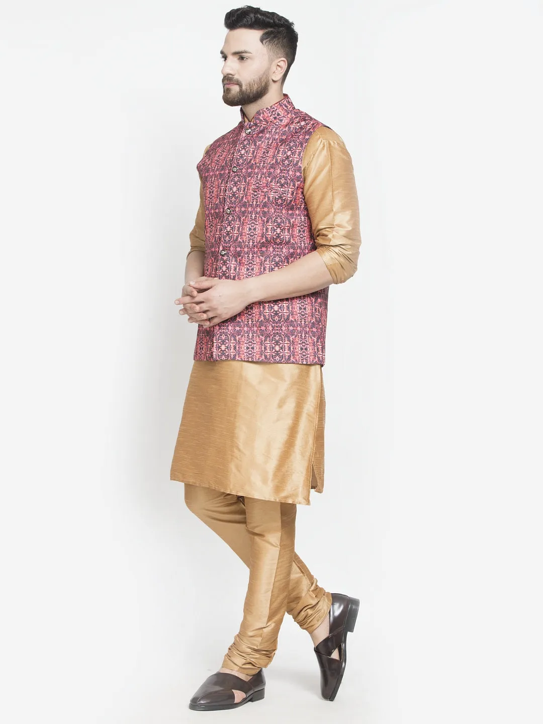 Men's Silk Blend Copper Kurta With Pyjama & Coral Red Printed Nehru Jacket - Benstoke