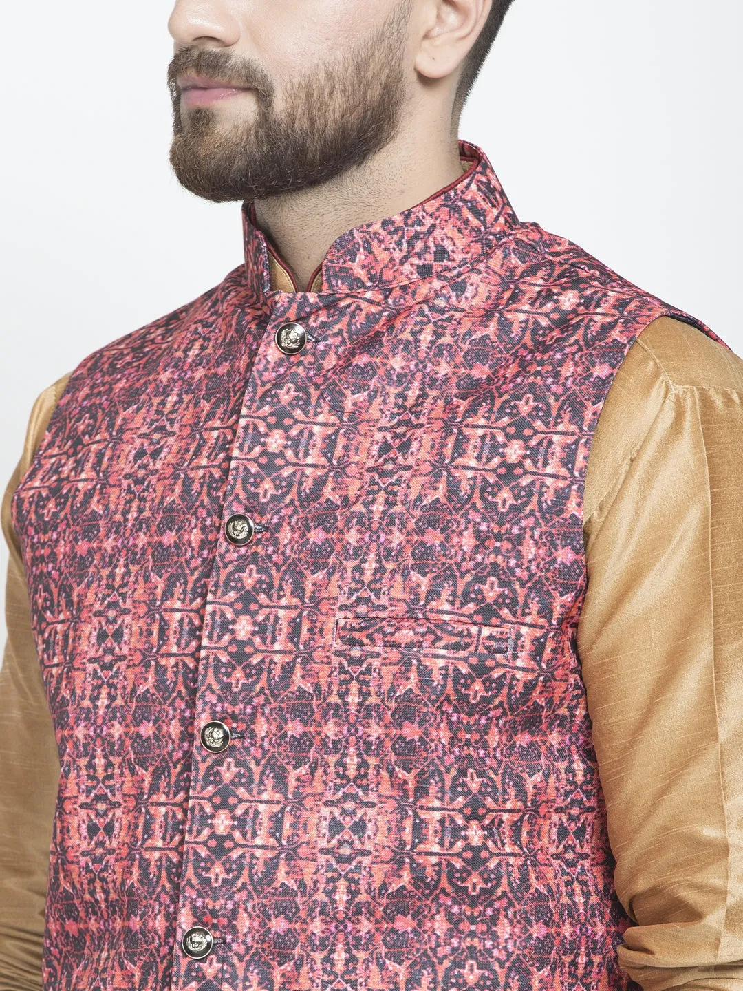 Men's Silk Blend Copper Kurta With Pyjama & Coral Red Printed Nehru Jacket - Benstoke