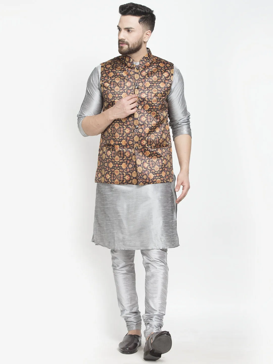 Men's Silk Blend Grey Kurta With Pyjama & Brown Printed Nehru Jacket - Benstoke