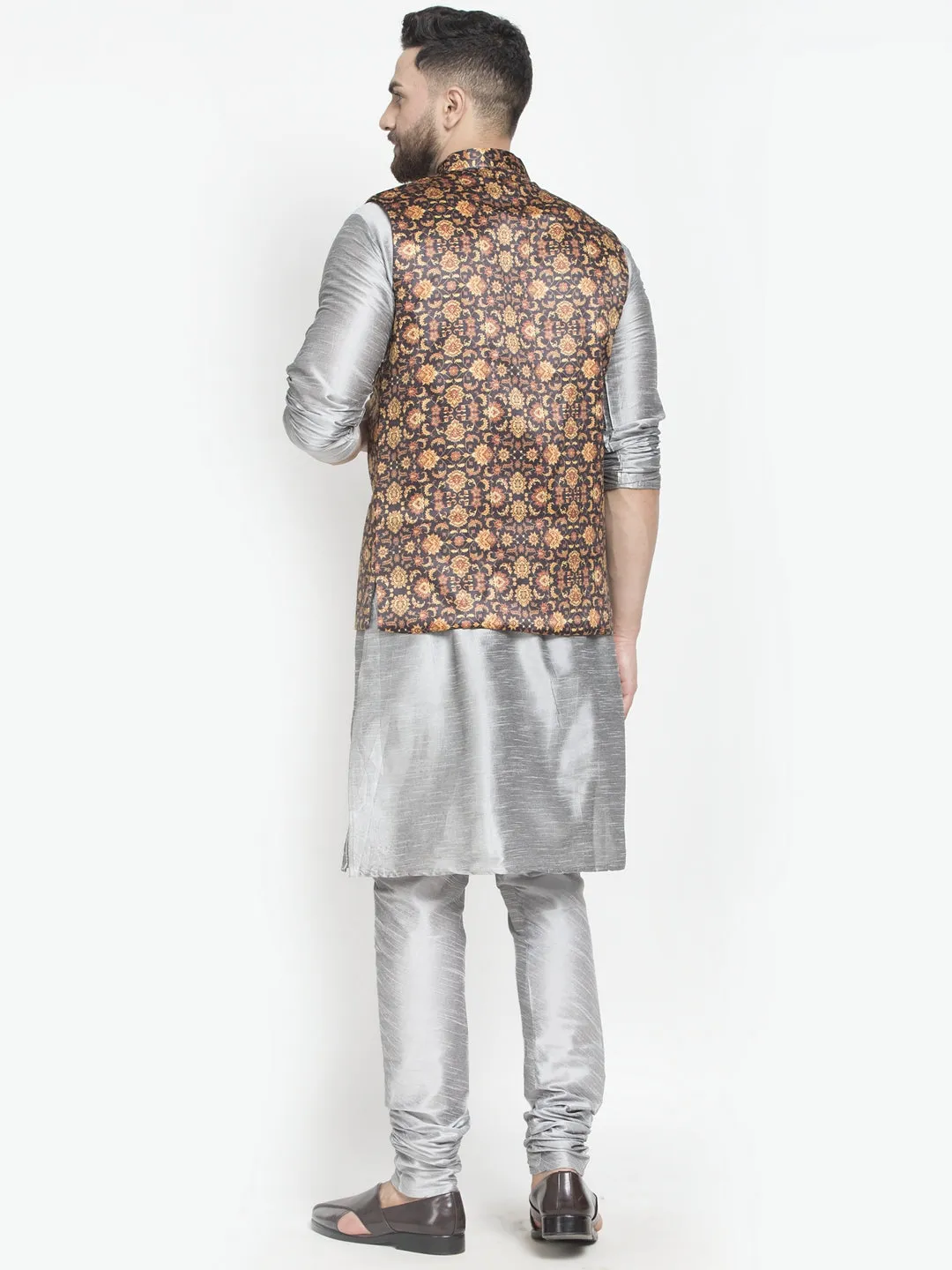 Men's Silk Blend Grey Kurta With Pyjama & Brown Printed Nehru Jacket - Benstoke