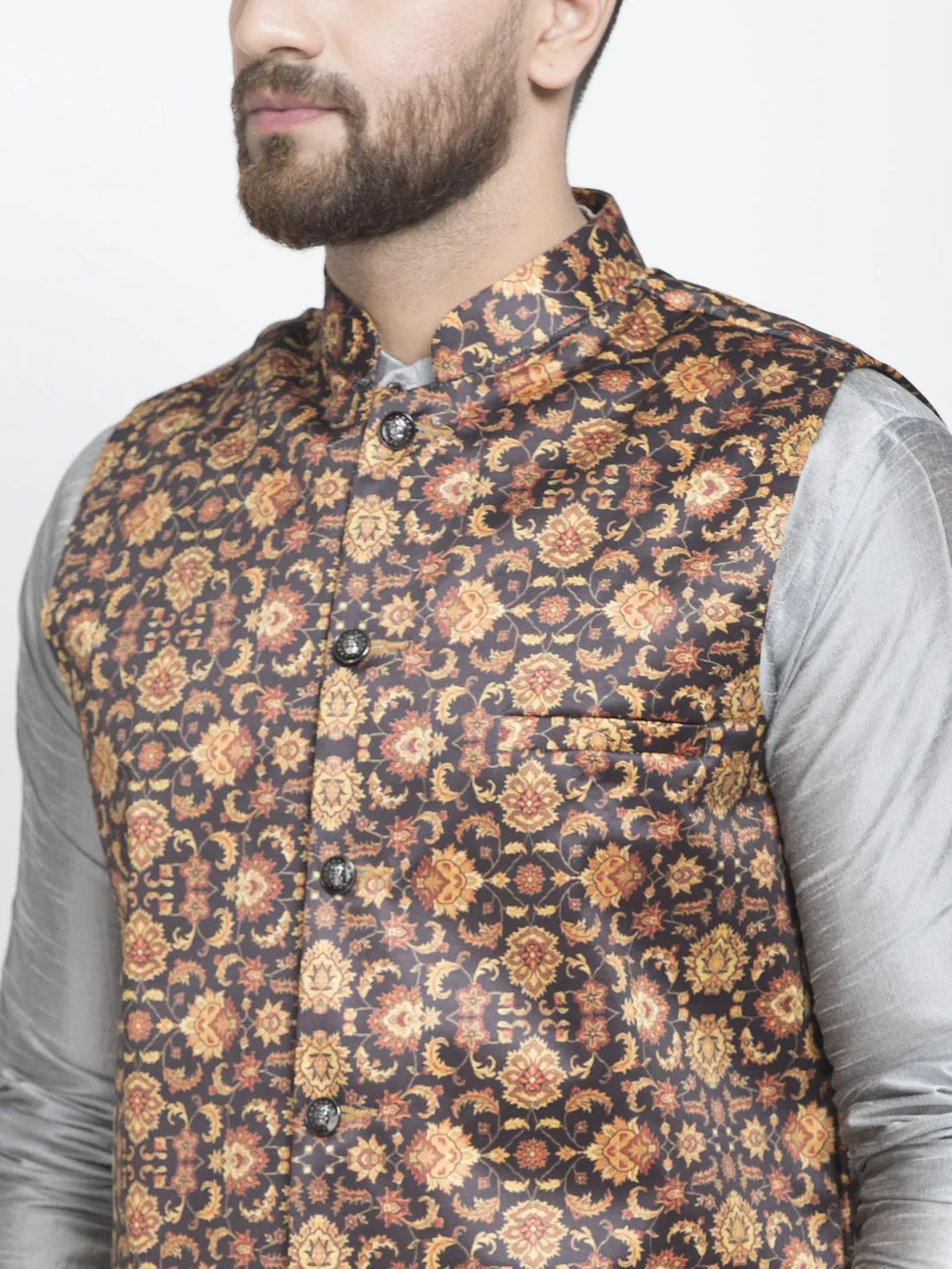 Men's Silk Blend Grey Kurta With Pyjama & Brown Printed Nehru Jacket - Benstoke