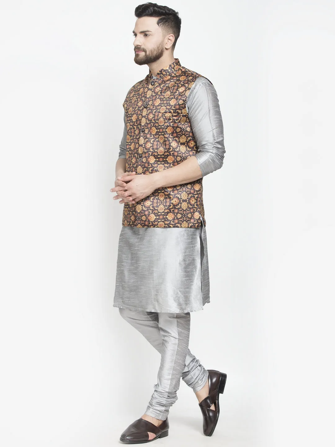 Men's Silk Blend Grey Kurta With Pyjama & Brown Printed Nehru Jacket - Benstoke