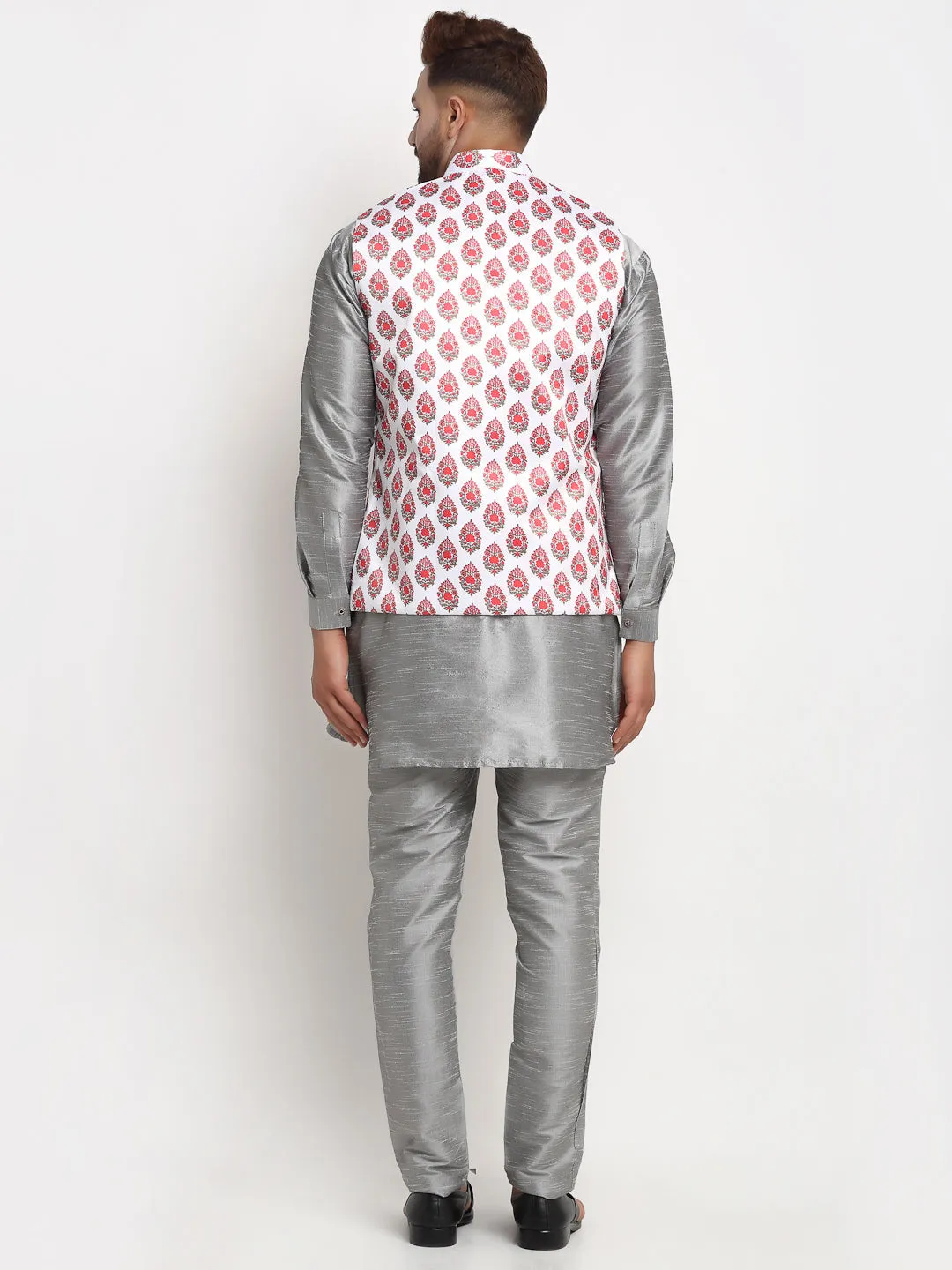 Men's Silk Blend Grey Kurta With Pyjama & Cream Printed Nehru Jacket - Benstoke